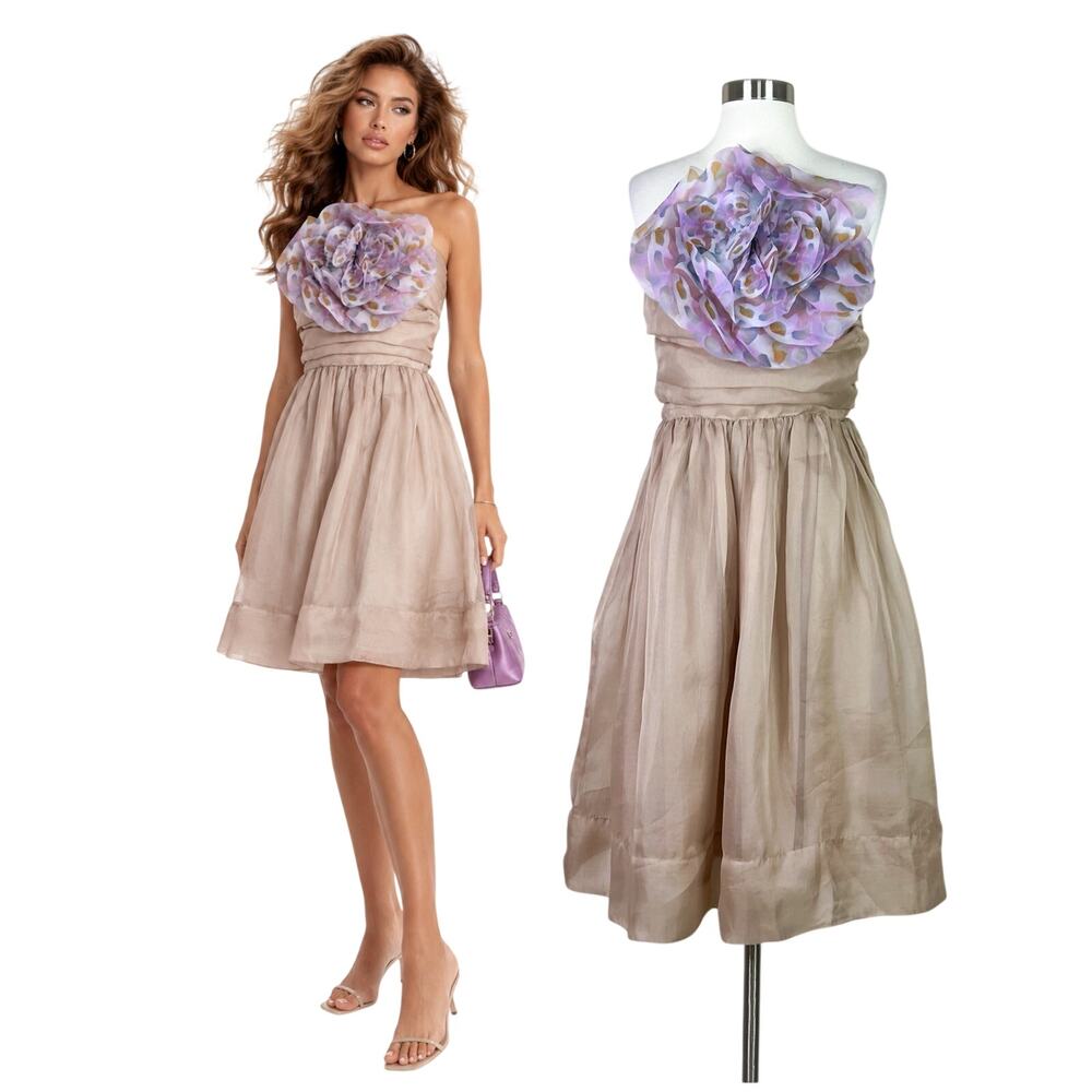 Cynthia Rowley | Taupe Strapless Organza Flower Cocktail Party Dress Size 10